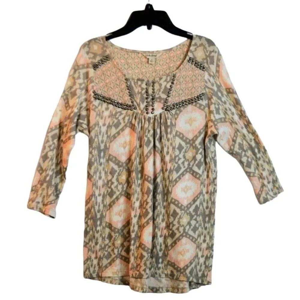 Lucky Brand Small Tan Pink Embellished Floral Scoop Neck 3/4 Sleeve Blouse